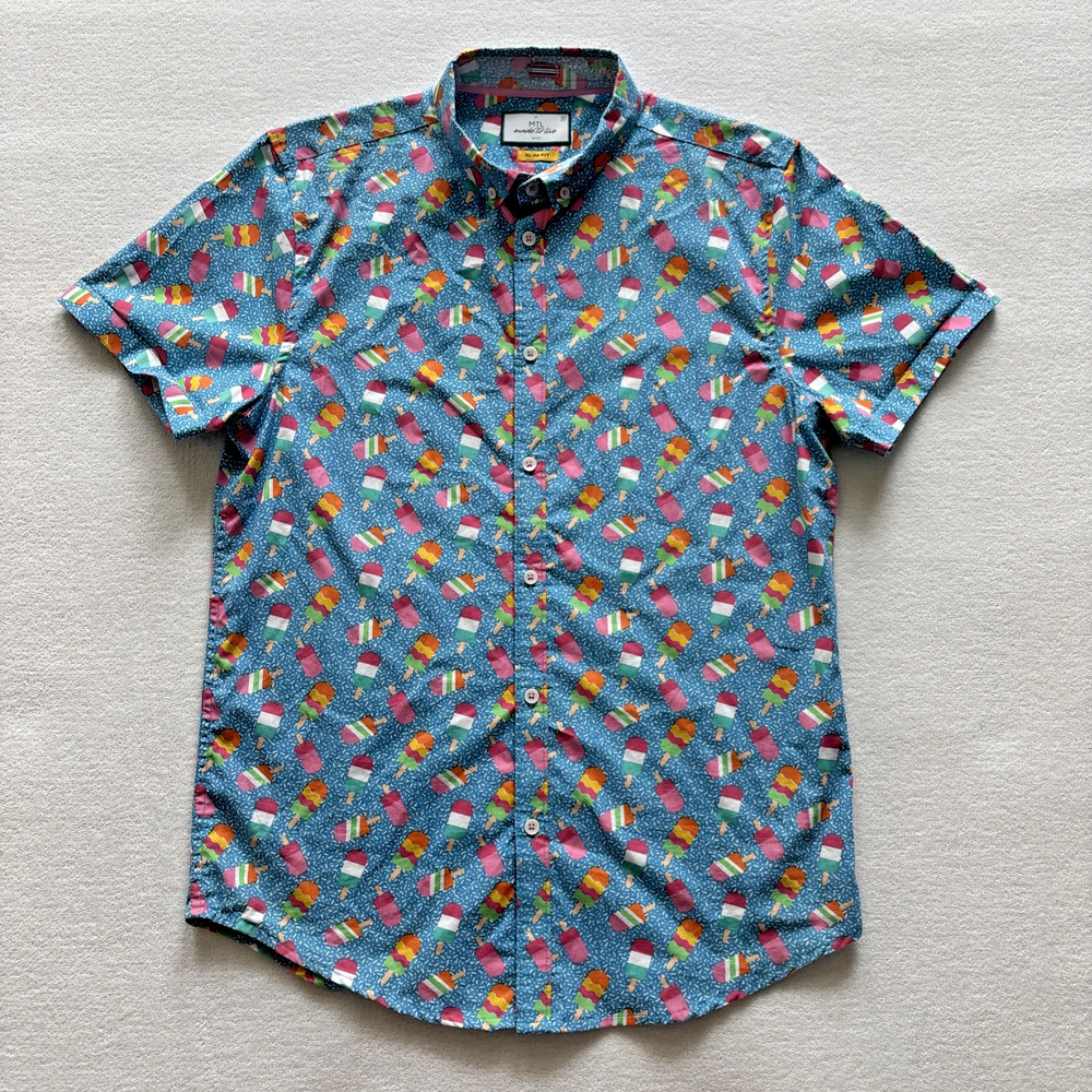 MTL Made to Live Men Medium Slim Fit Popsicle Ice Cream‎ Fun Print Short Sleeve